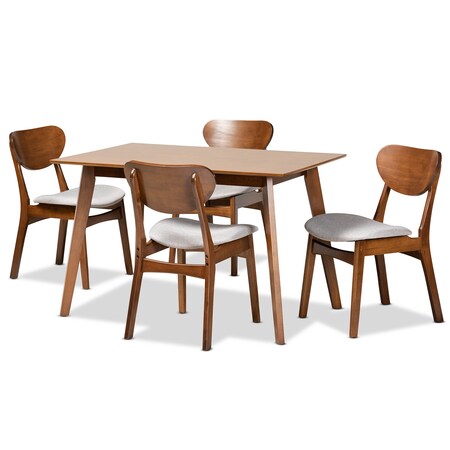 Baxton Studio Katya Mid-Century Modern Grey Fabric and Walnut Brown Finished Wood 5-Piece Dining Set 183-11635-11644-Zoro